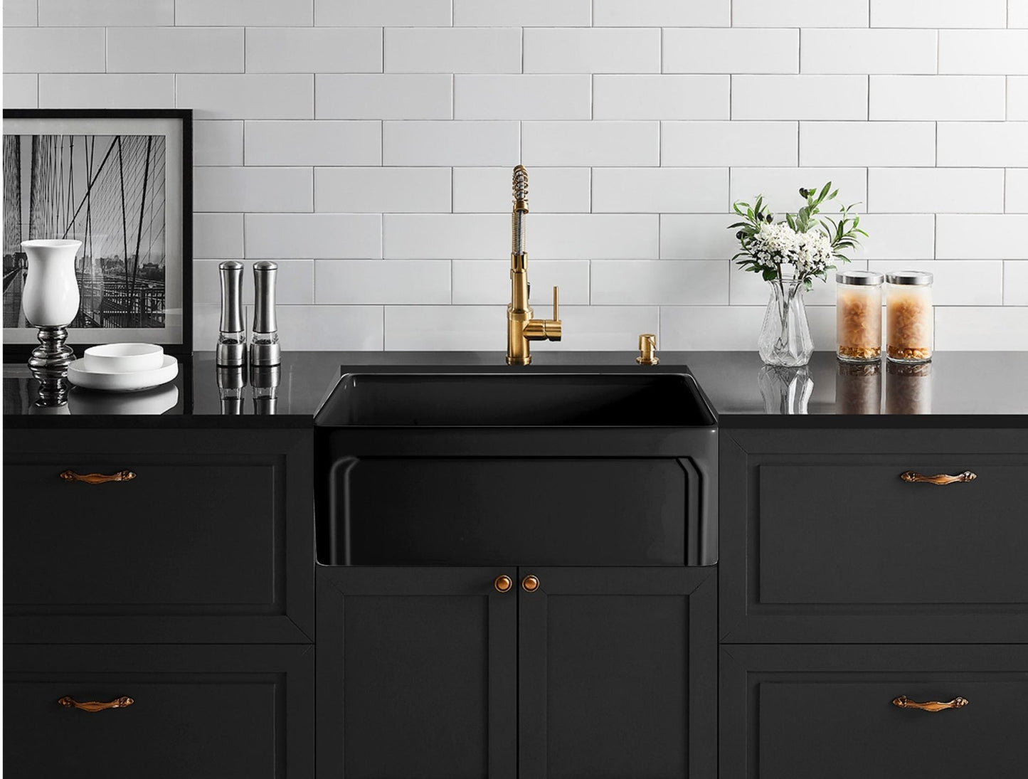 758mm Kensington Fireclay Farmhouse Sink - Hamptons & Flat Reversible - Matte Black