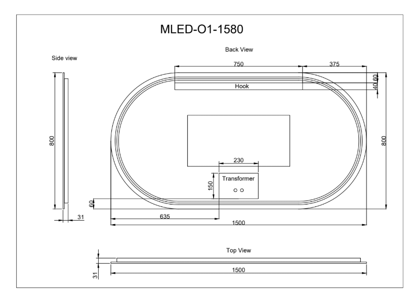 1500mm Black Framed LED Mirror - 1500*800*45