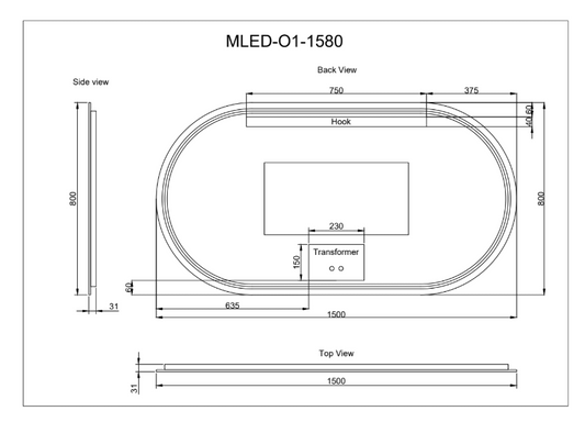 1500mm Black Framed LED Mirror - 1500*800*45