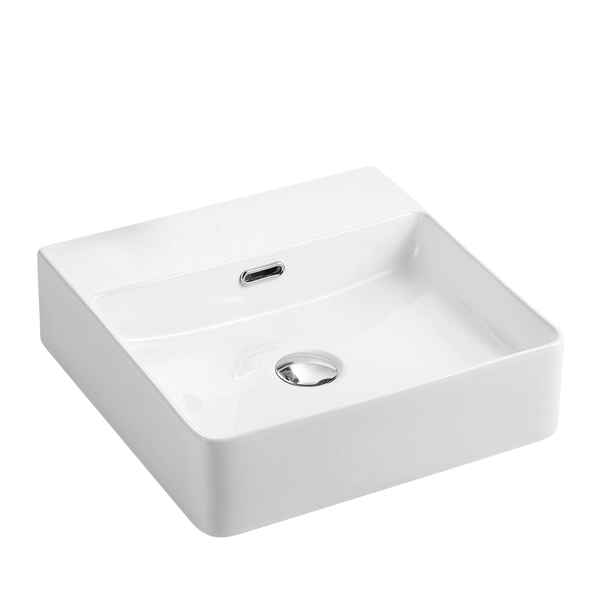 Above Counter/Wall Hung Ceramic Basin - Overflow - No Tap Hole - Gloss White - Square - 425mm