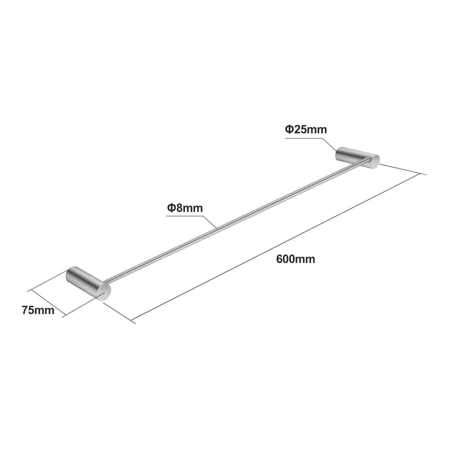 Brushed Nickel Single Towel Rail 600mm