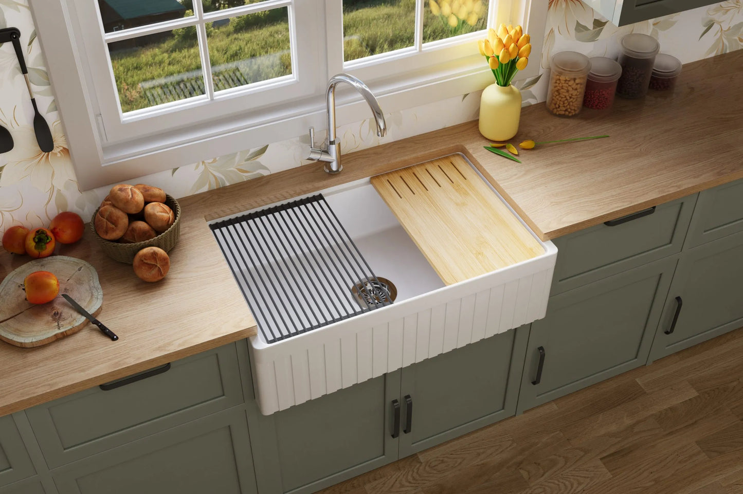 835mm Greenwich Fireclay Farmhouse Single Sink with Workstation - Fluted & Flat Reversible - Gloss White