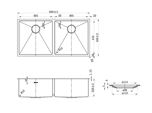 Arte Sink 880X450X220X1.2 Sink With Clips & R10 Round Conner & Inside Width 410mm Edge 20mm