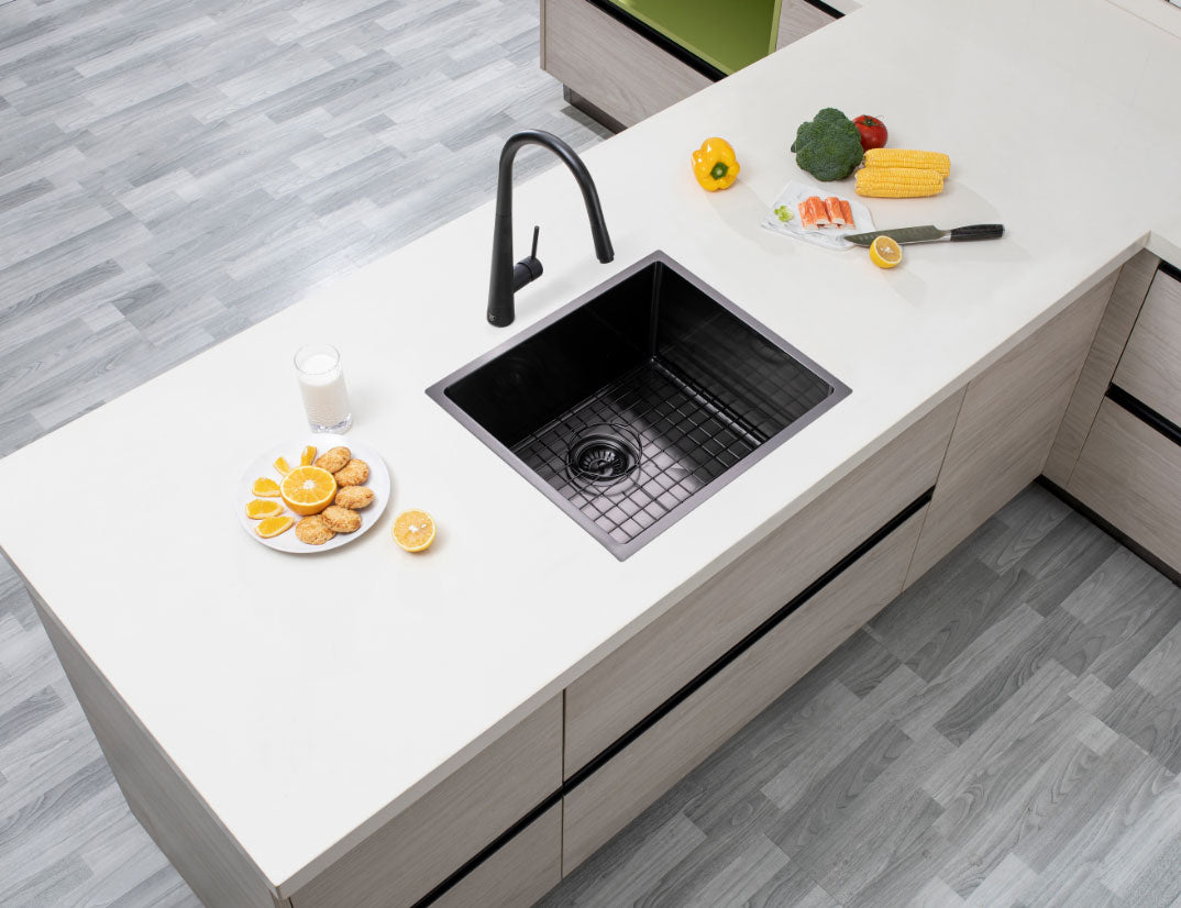 (C-500 Black)Round Corner Stainless Steel Gun Metal Grey PVD Coating Single Bowl Kitchen Sink(with Bottom Grid) 500*440*230mm