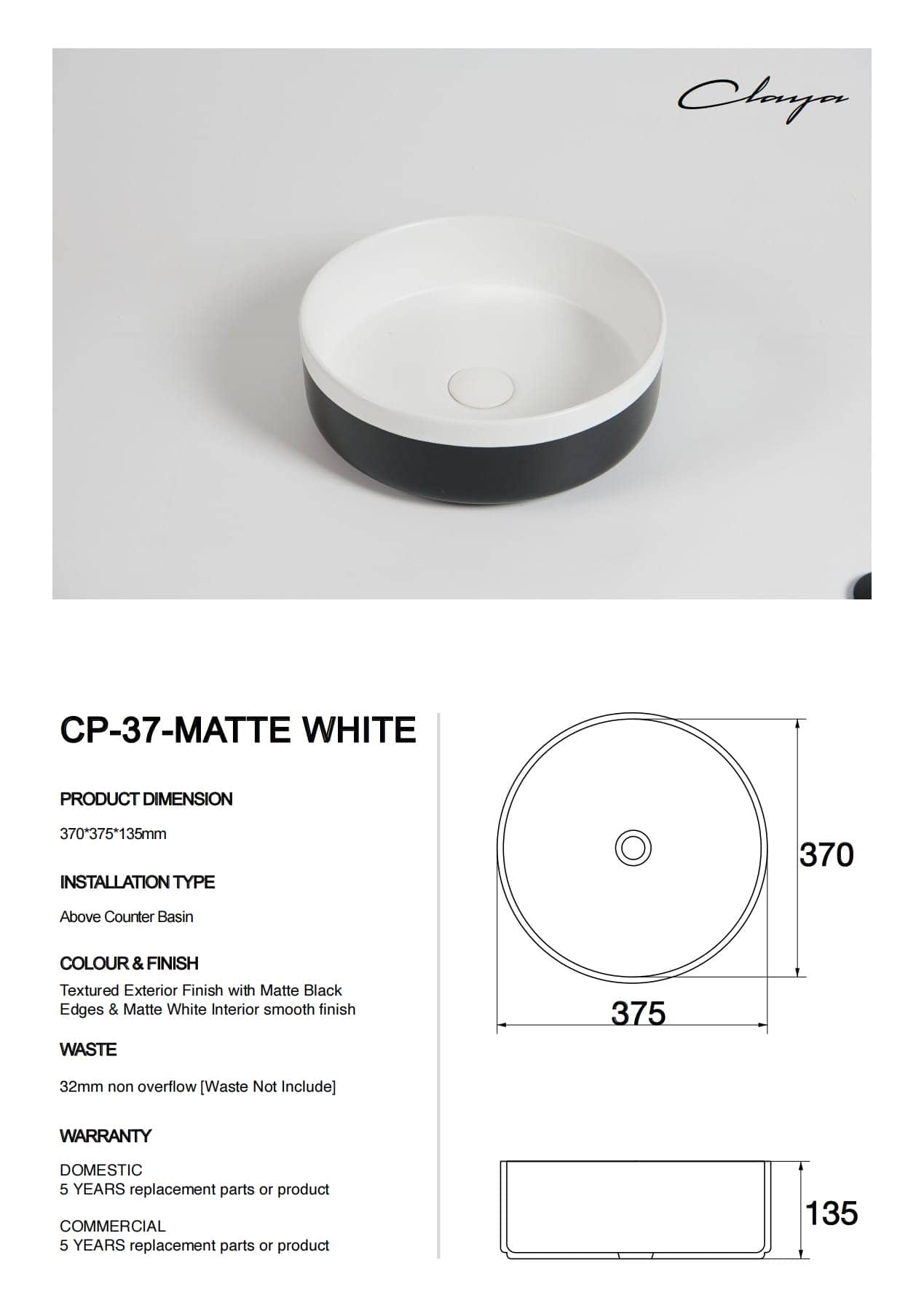 370mm Matte White & Matte Black Round Ceramic Basin | CP-37-MW