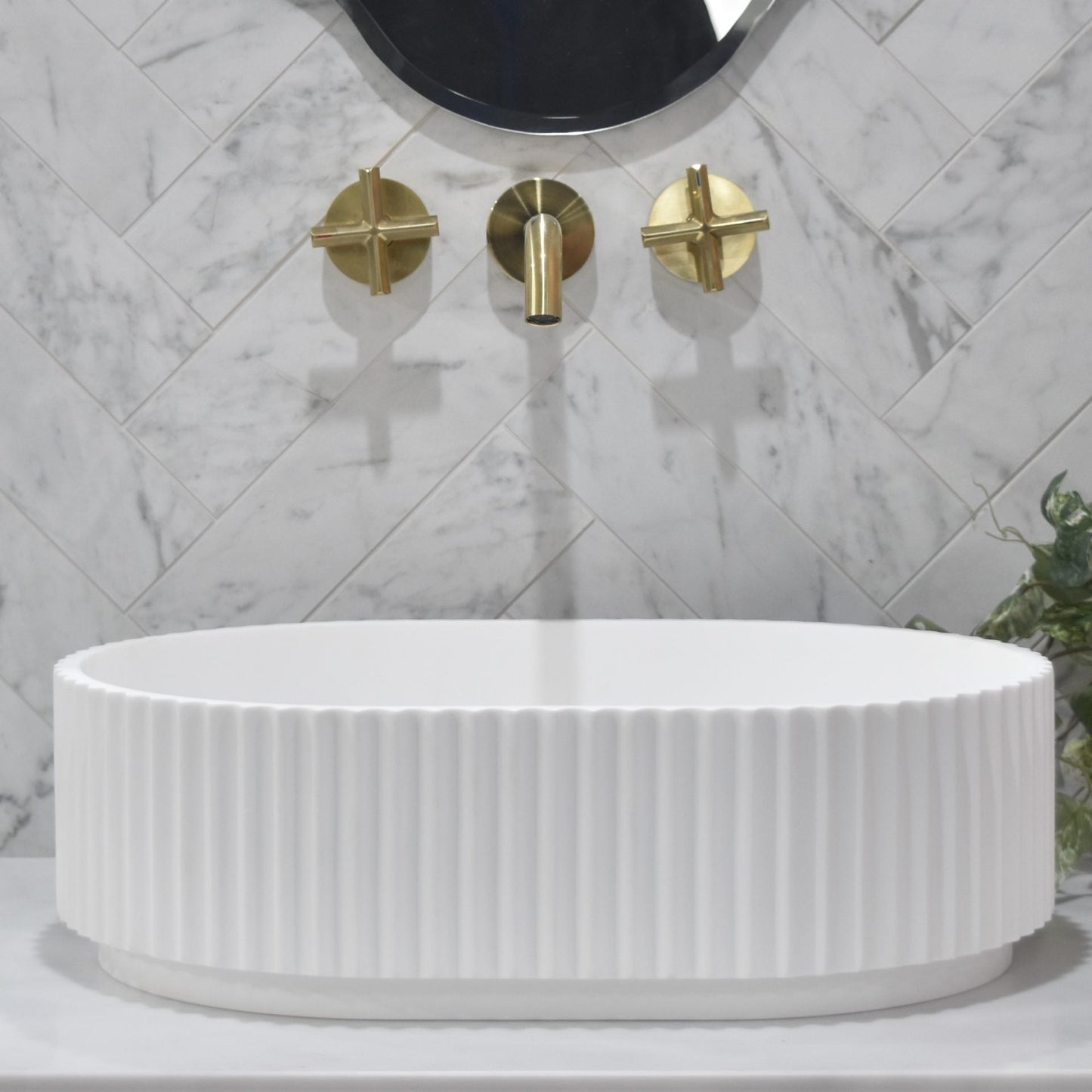 Stadio Groove Above Counter Artificial Stone - Fluted - Matt White - Oval - 480mm