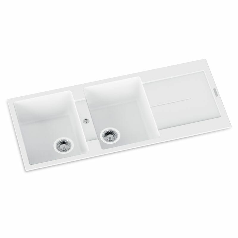 White Carysil Enigma D200 Granite Double Bowl with Drain Board Stone Kitchen Sink 1160*460*200mm