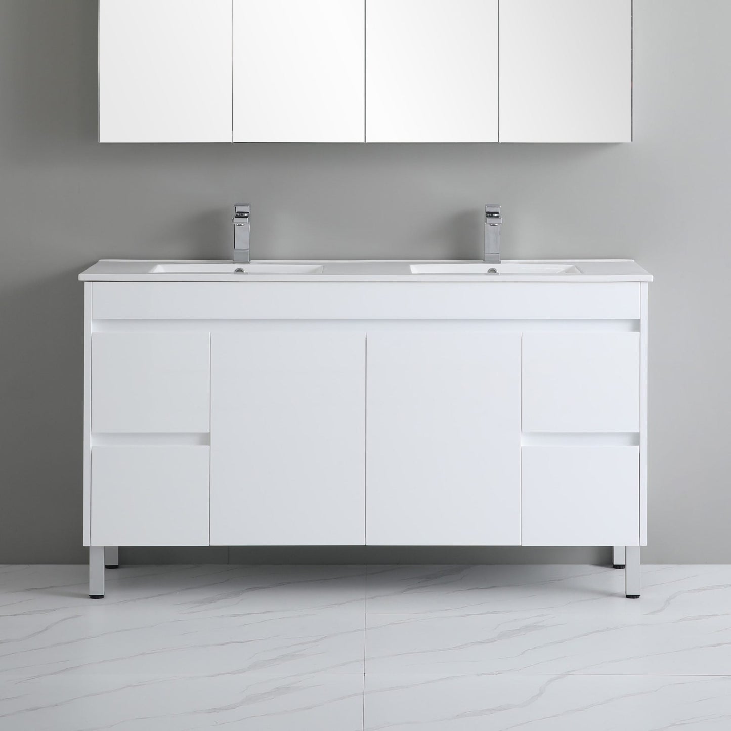White? PVC Wall Hung Vanity - Side Drawers - Double Bowl - 1500mm