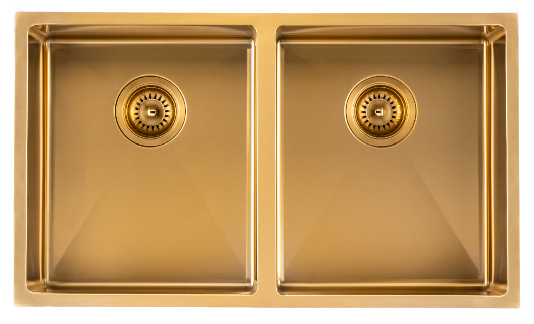 Brushed Gold 1.2mm Handmade Top/Undermount Double Bowls Kitchen Sink - 770x450x215mm