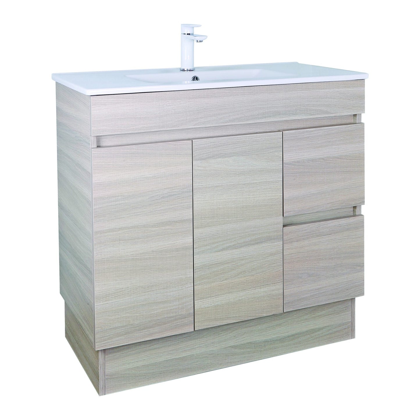 900mm Evie Slim Floor Vanity PVC Right Side Drawers - Cabinet Only - Oak