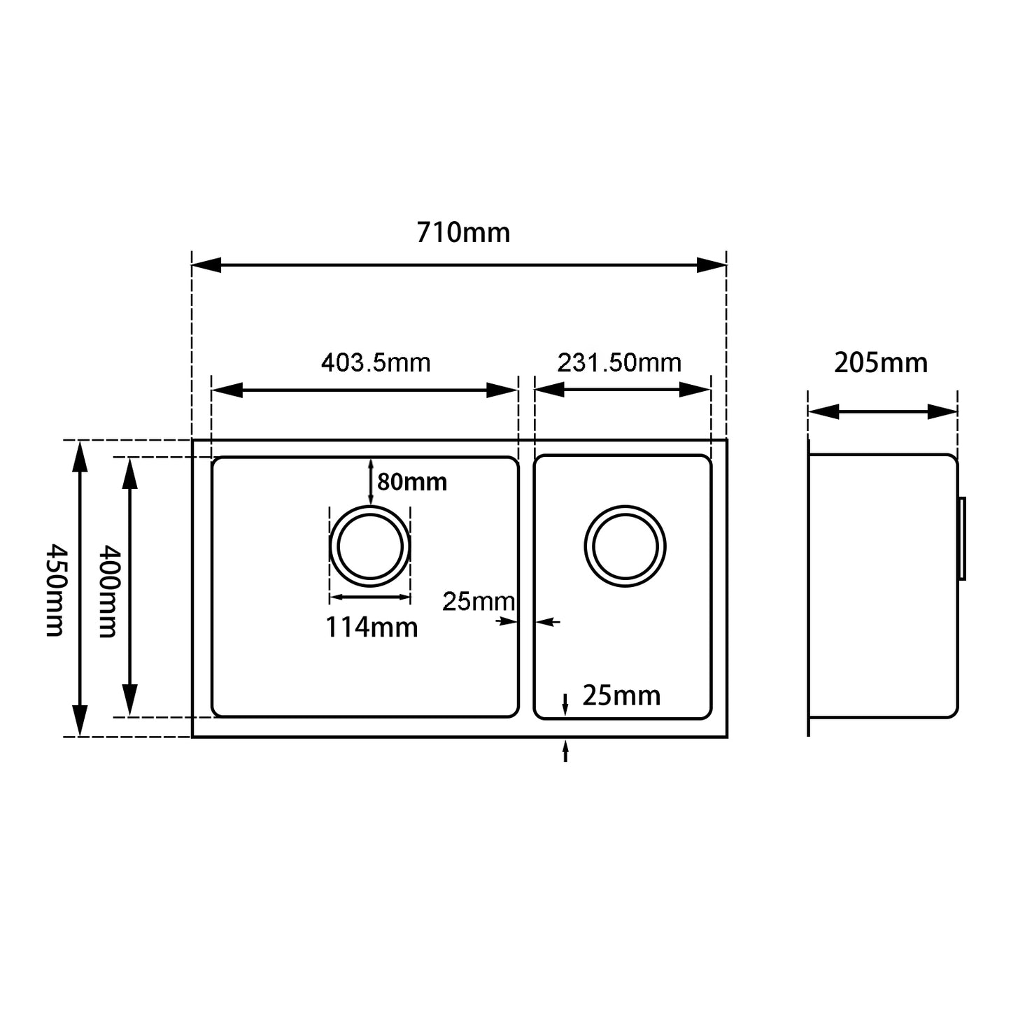 Round Corner Dark Grey Stainless Steel Handmade 1 and 1/2 Bowl Kitchen Sink 710*450*205mm