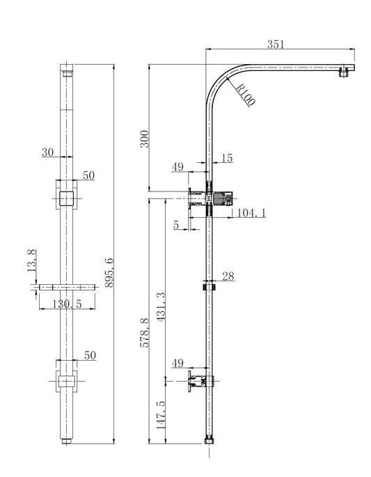 Taran 250mm Chrome Twin Shower On Rail Top Inlet Square