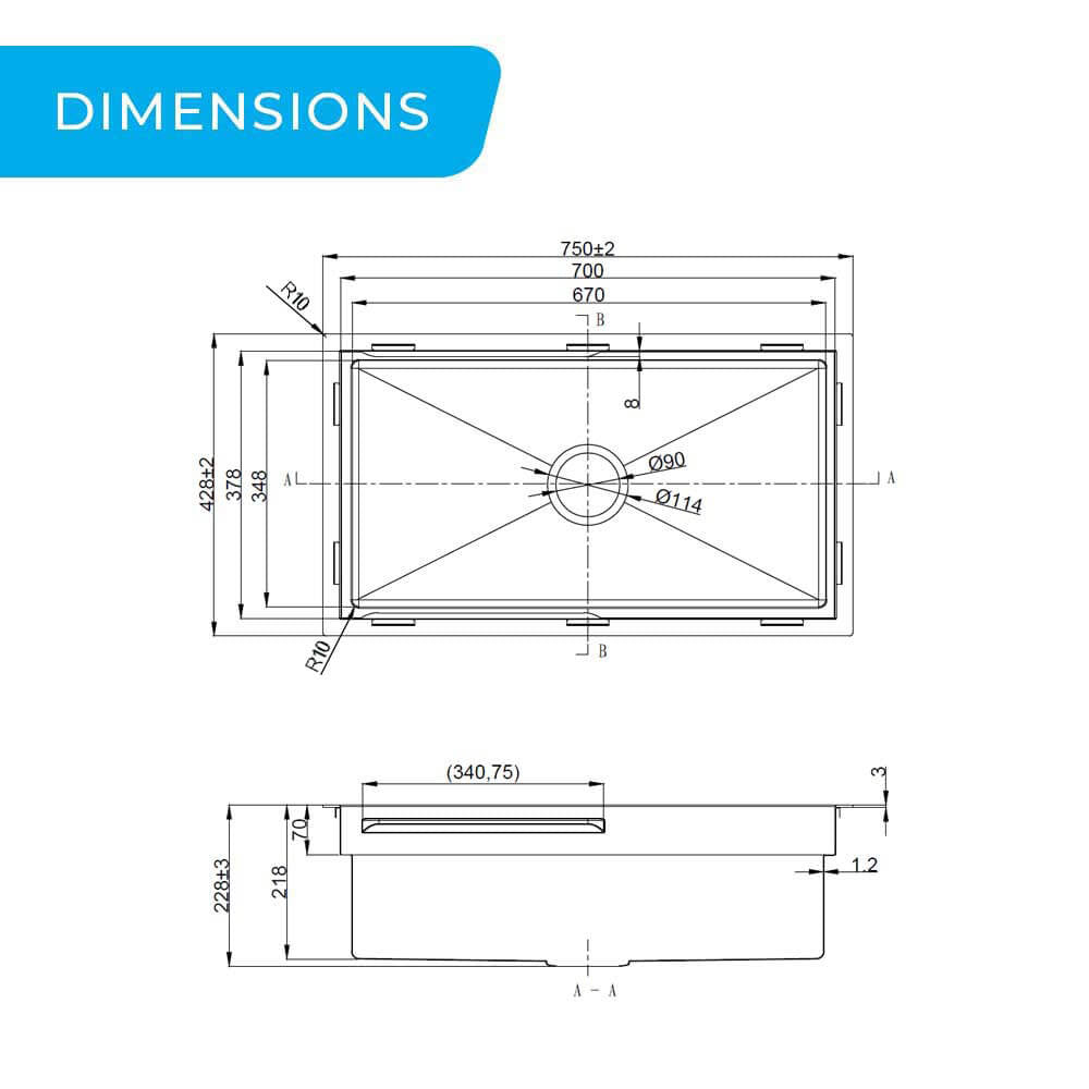 750mm Stainless Steel PINIZ Single Bowl Workstation Kitchen Sink - Slide Lip - Nano Coated 1.2mm Thick Stainless Steel - Anti-Scratch