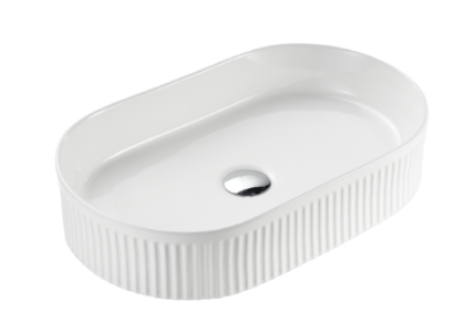 Oval Above Counter Ceramic Basin Ultra Slim - Fluted - Matt White - 580x360x120mm