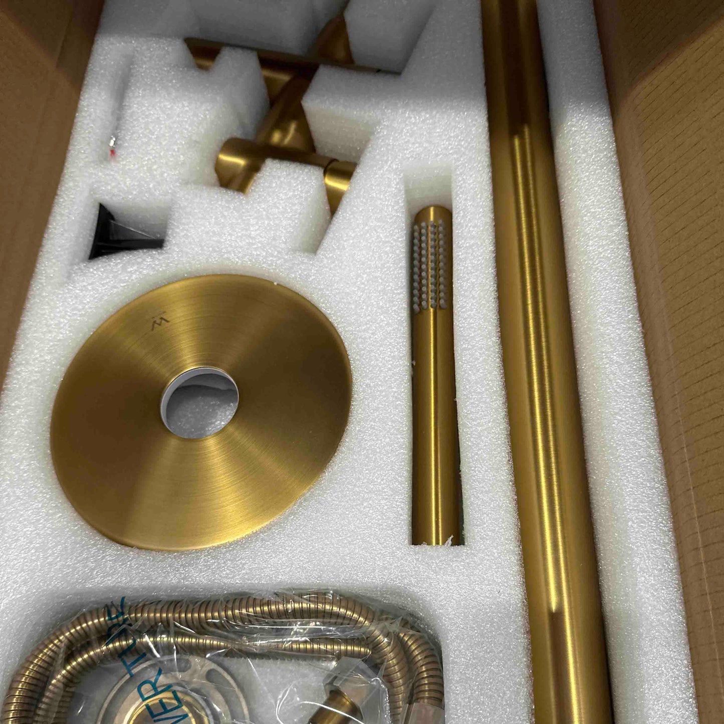 Round Brushed Brass Freestanding Bath Mixer With Handheld Shower