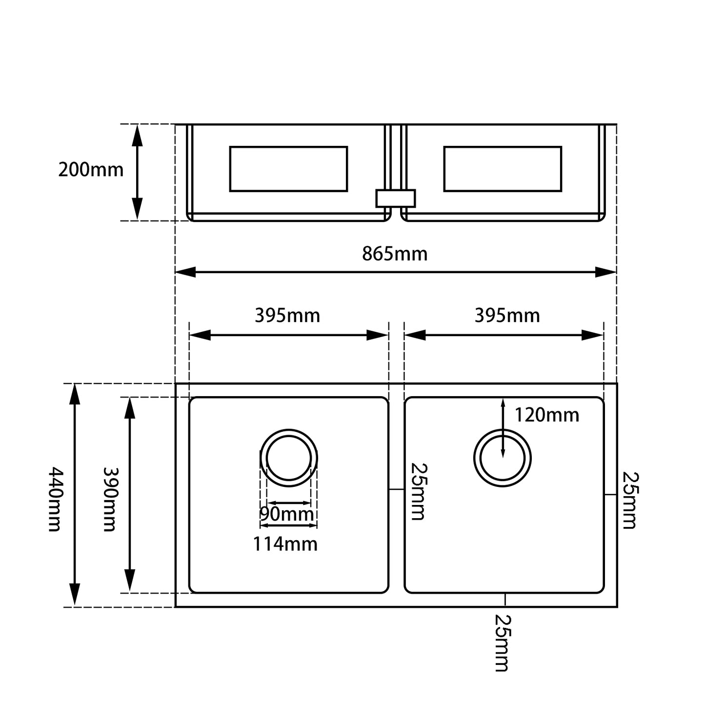 Round Corner Chrome Stainless Steel Handmade Double Bowl Kitchen Sink 865*440*200mm