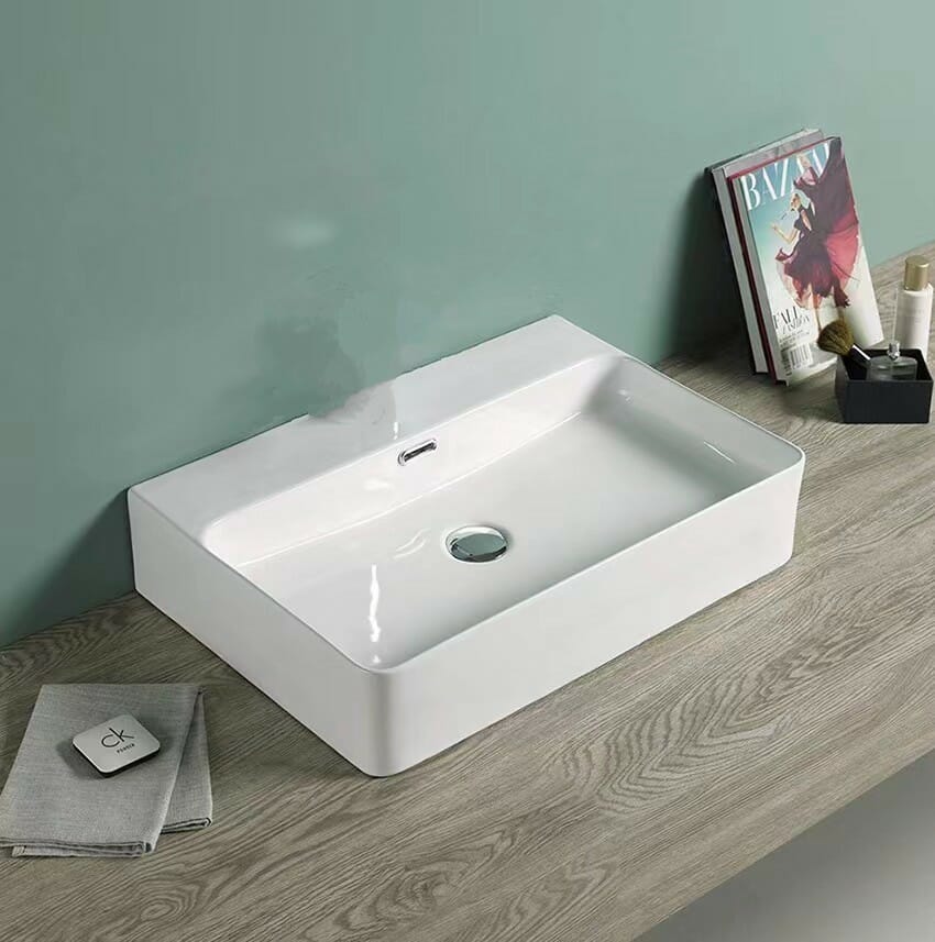 Above Counter/Wall Hung Ceramic Basin - Overflow - No Tap Hole - Gloss White - Rectangle - 600mm