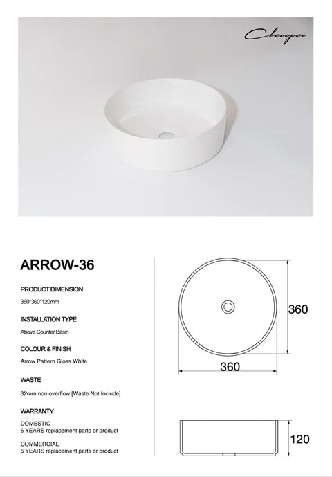 365*365*120mm Gloss White with Arrow Design Above Counter Basin