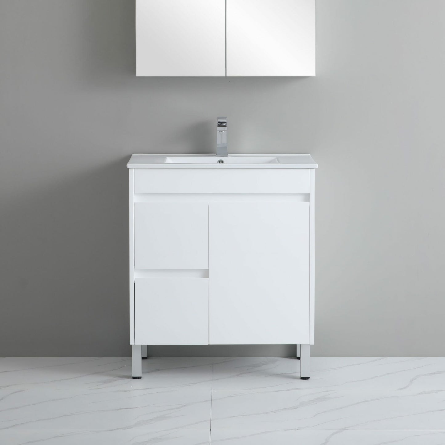 750mm Polar Slim Floor Vanity PVC Left Side Drawers - Cabinet Only - Gloss White