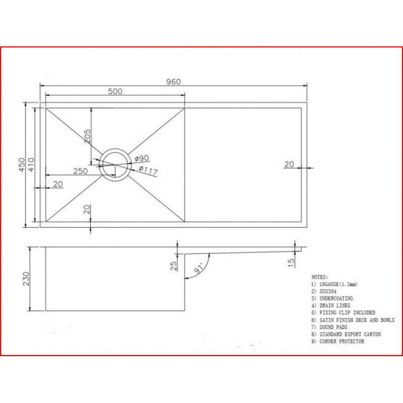 (C-960 Black)Round Corner Stainless Steel Gun Metal Grey PVD Coating Single Bowl with Drain Board Kitchen Sink(with Bottom Grid) 960*450*230mm