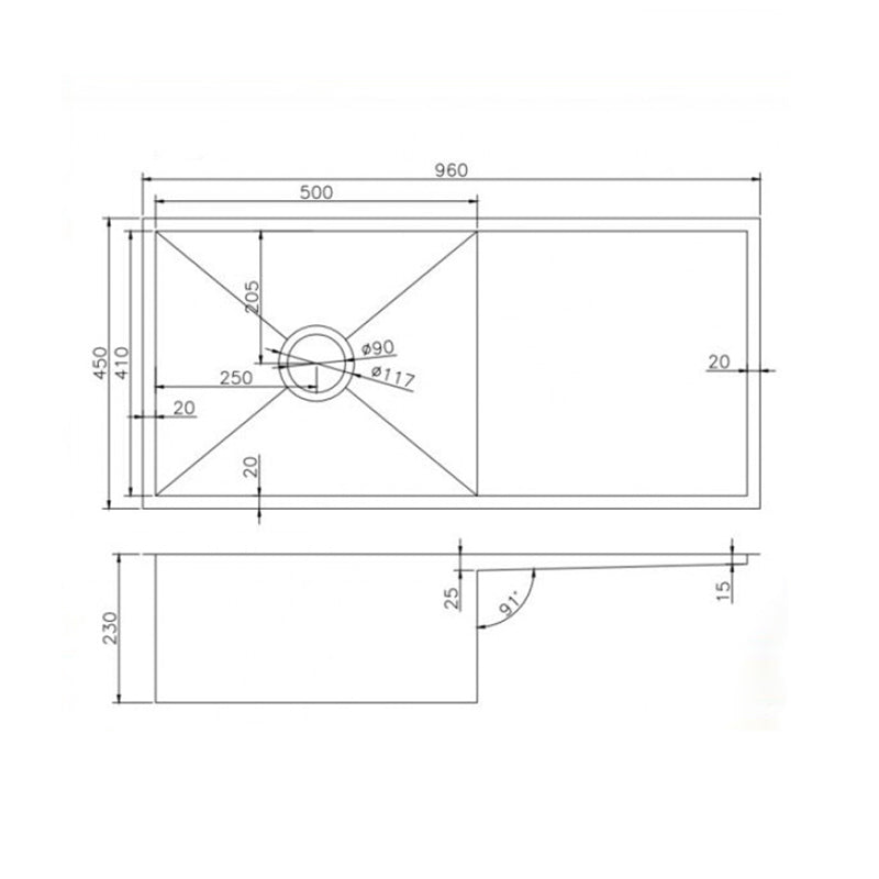 (C-960)Round Corner Chrome Stainless Steel Handmade Single Bowl with Drain Board Kitchen Sink 960*450*230mm