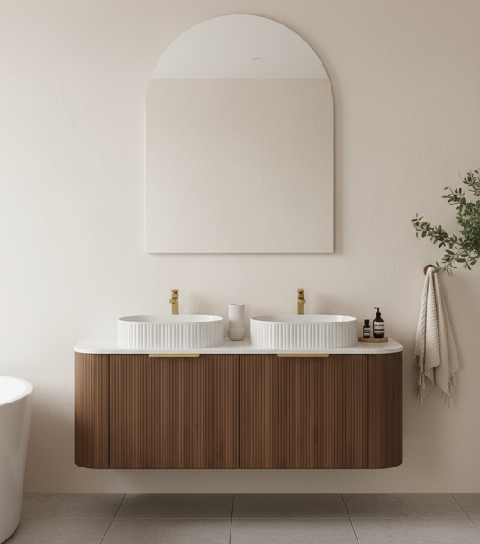 1500mm Artis Curved Wall Hung Vanity PVC - Big Drawer Cabinet Only - Single Bowl - Wallnut