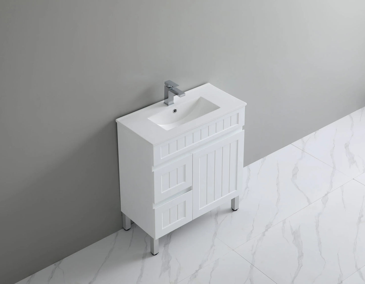 750mm Acacia Slim Floor Vanity PVC Left Side Drawers - Cabinet Only - Matte White