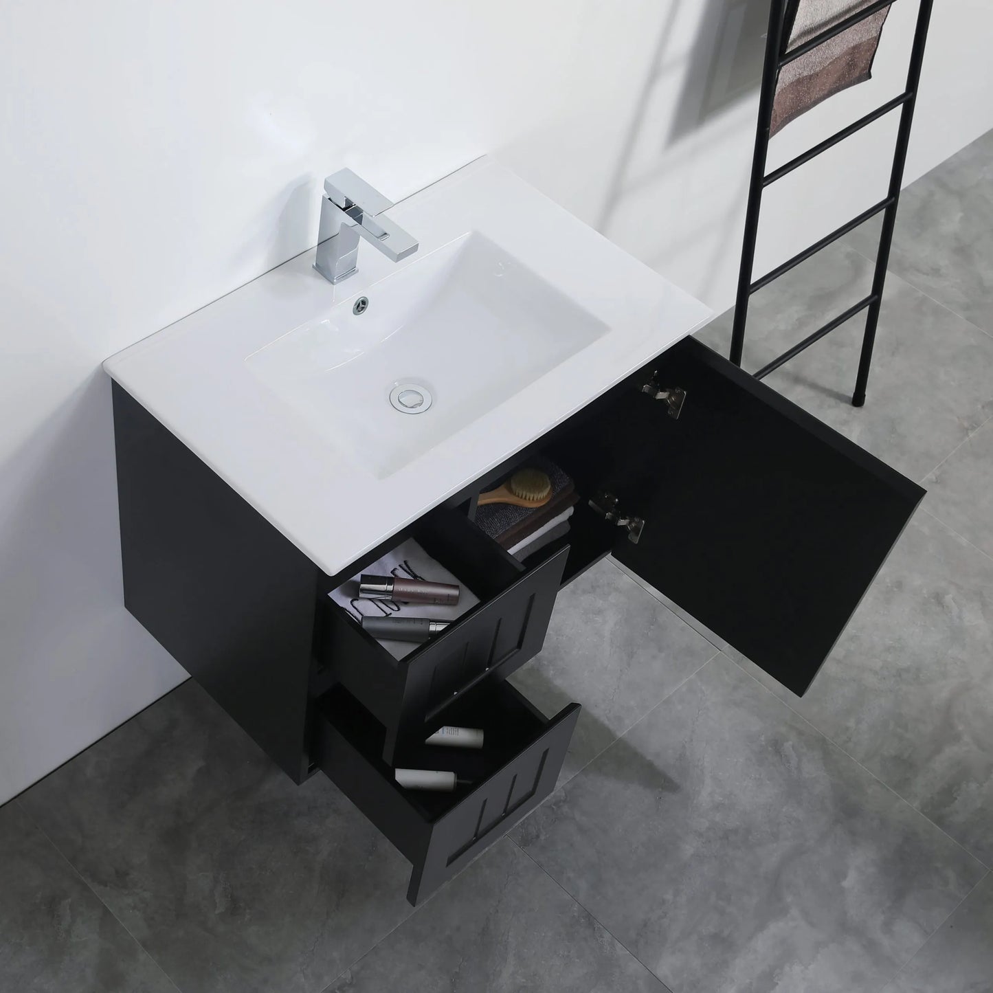 750mm Acacia Slim Wall Hung Vanity PVC Left Side Drawers - Cabinet Only - Matte Black