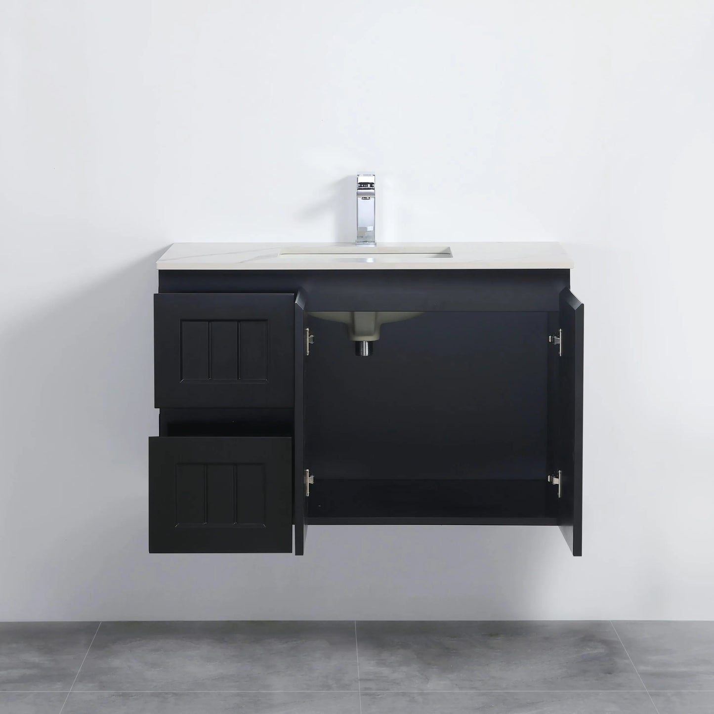 900mm Acacia Slim Wall Hung Vanity PVC Left Side Drawers - Cabinet Only - Matte Black