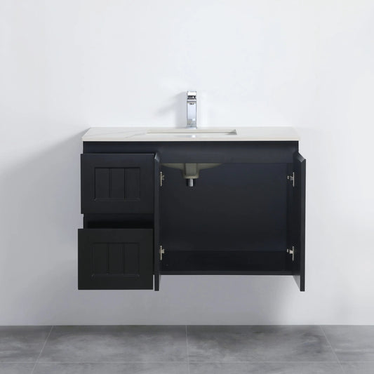 900mm Acacia Slim Wall Hung Vanity PVC Left Side Drawers - Cabinet Only - Matte Black