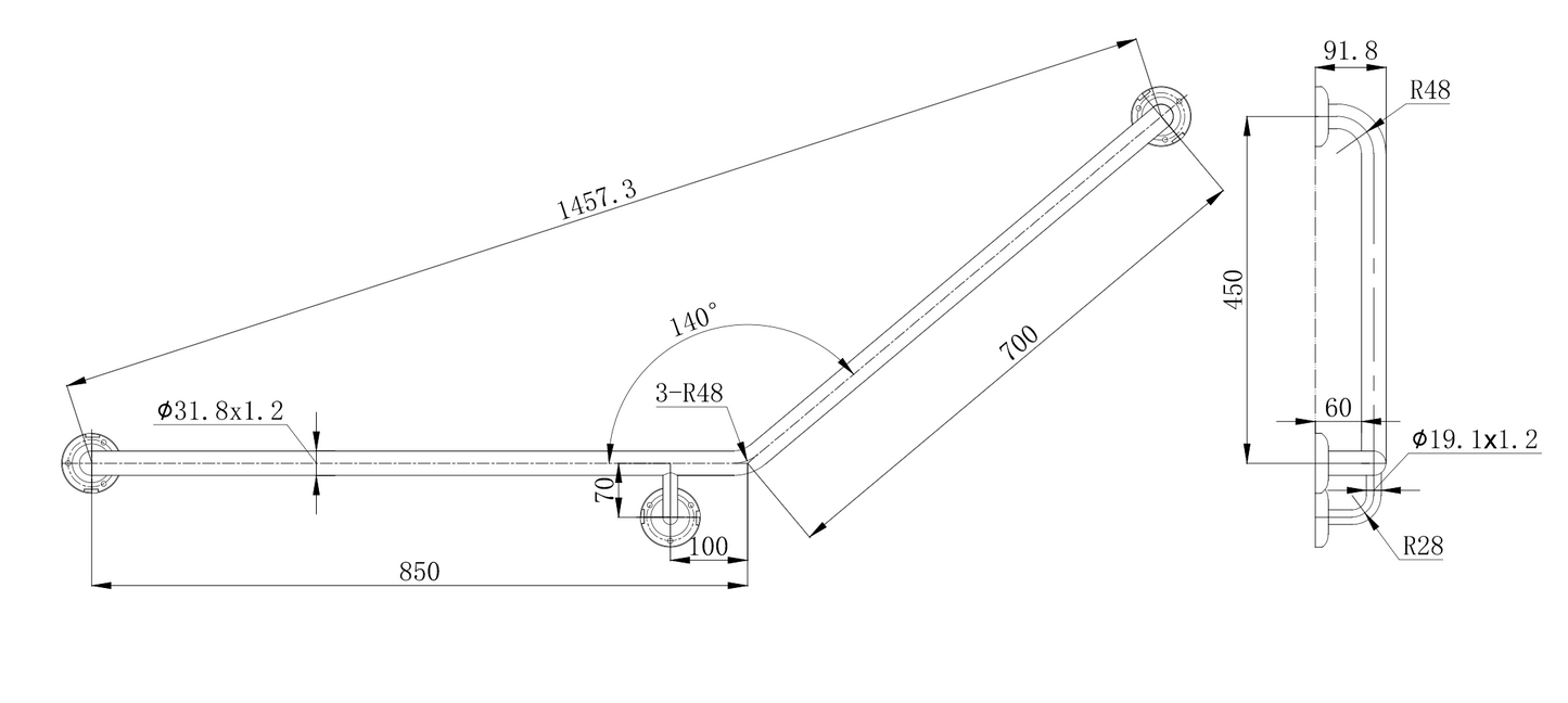 Amore Grab Rail 140 Degree 850 x 700mm Right Hand Angle - Brushed Nickel