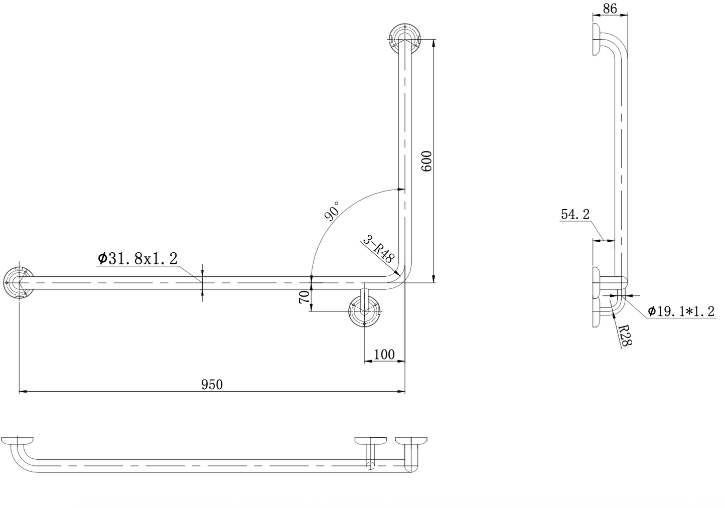 Amore Grab Rail 90 Degree 950 x 600mm Left Hand - Brushed Nickel