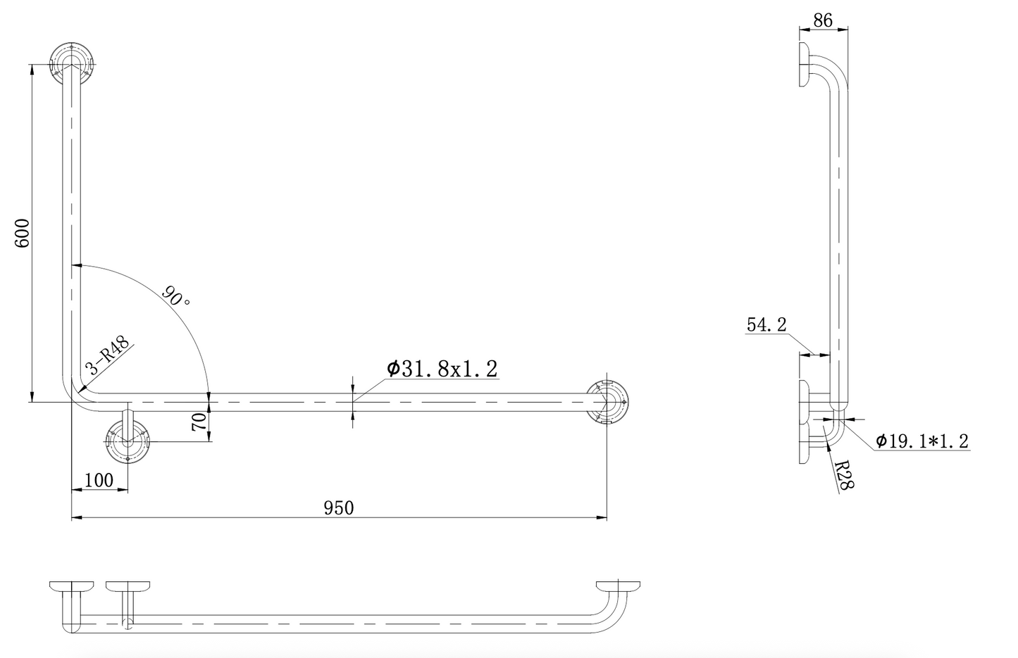 Amore Grab Rail 90 Degree 950 x 600mm Right Hand - Brushed Nickel