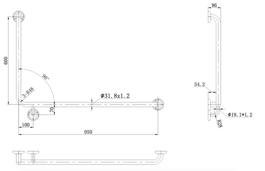 Amore Grab Rail 90 Degree 950 x 600mm Right Hand - Brushed Nickel