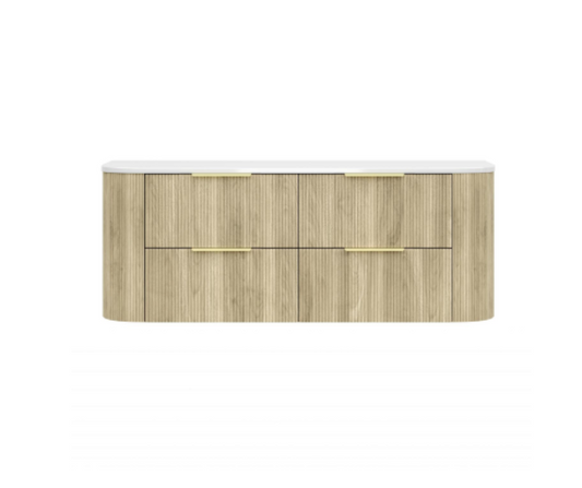 1500mm Artis Curved Wall Hung Vanity PVC - Double Drawers Cabinet Only - Single Bowl - Coastal Oak