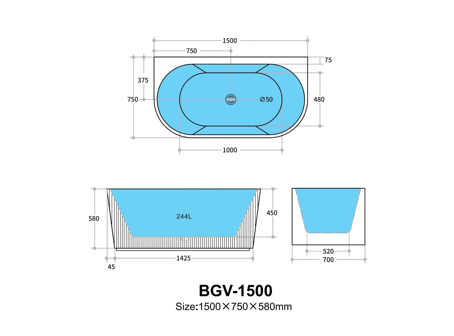 1500mm Ceto Bari Grooved Fluted Oval Freestanding Back to Wall Bathtub - No Overflow - Matte White