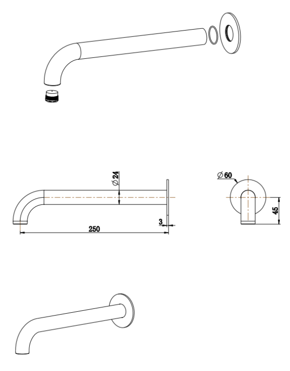 Mica Bath Spout - Curved - 250mm - GUN METAL
