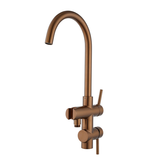Round Brushed Copper Freestanding Bath Mixer With Handheld Shower