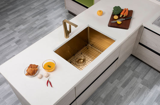 (C-600D Gold)Round Corner Stainless Steel Brushed Brass PVD Coating Single Bowl Kitchen Sink(with Bottom Grid) 600*450*300mm