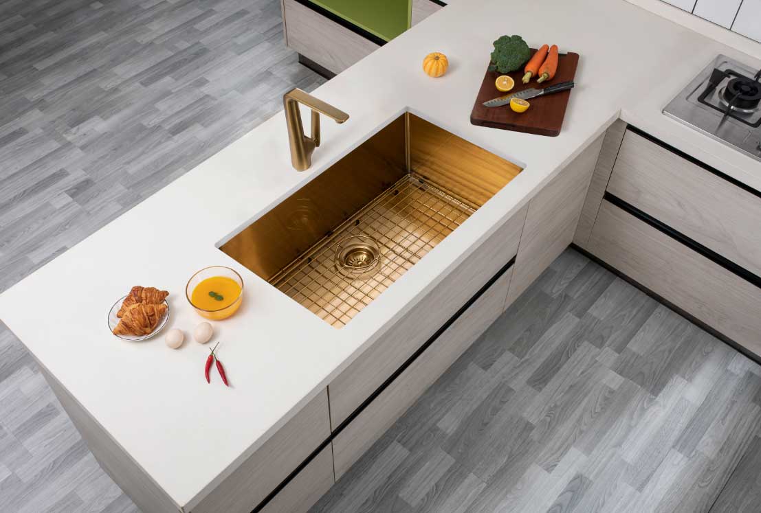 (C-762 Gold)Round Corner Stainless Steel Brushed Brass PVD Coating Single Bowl Kitchen Sink(with Bottom Grid) 762*457*254mm