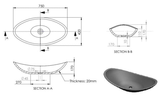 750mm Pietra Bianca - Boat Above Counter Basins