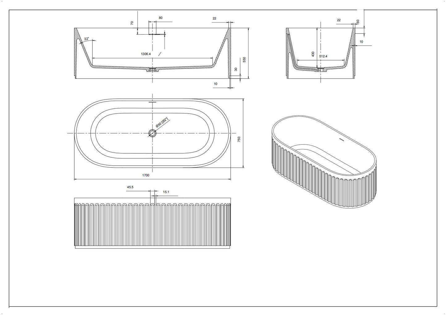 1700mm Ceto Cascade Cast Stone Solid Surface Bathtub - Overflow - Matte Black