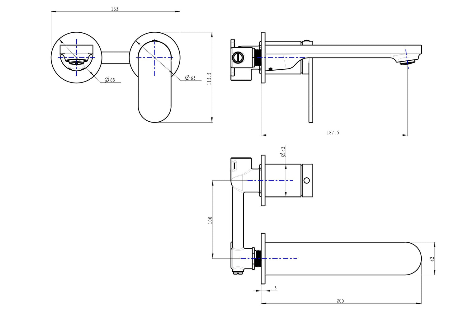 Capo 2-Plate Wall Basin or Bath Mixer - Gunmetal