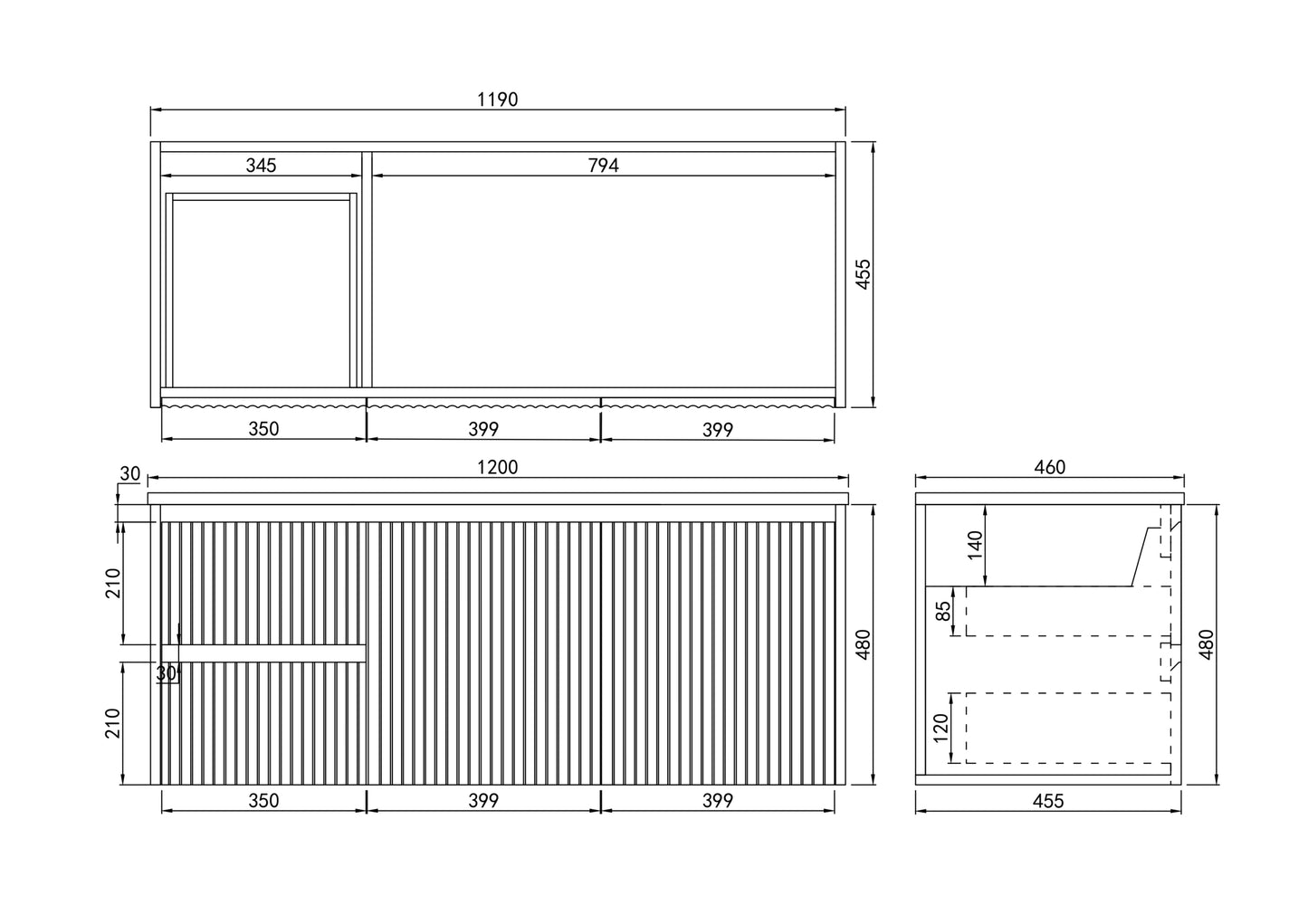 1200mm Brindabella Wall Hung Vanity PVC Left Side Drawers - Cabinet Only - Single Bowl - Matte Black