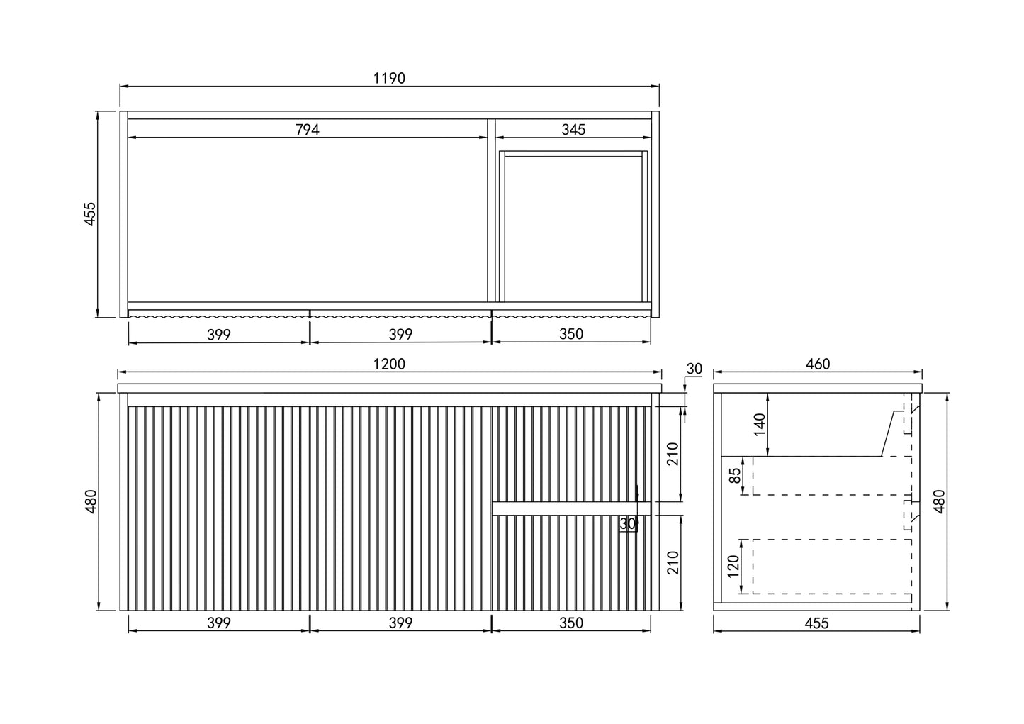 1200mm Brindabella Wall Hung Vanity PVC Right Side Drawers - Cabinet Only - Single Bowl - Matte Black