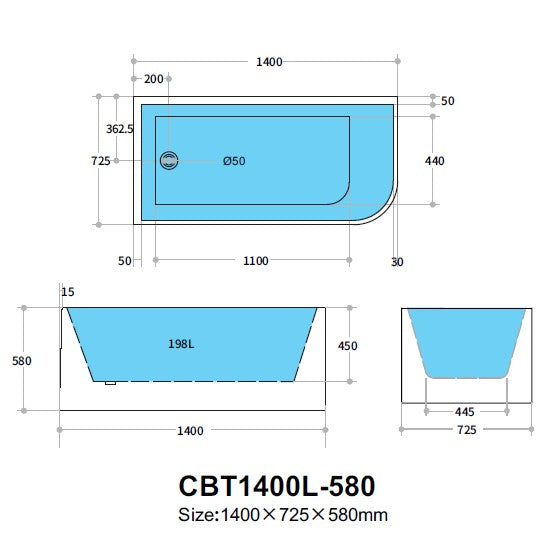 1400mm Left Corner Back to Wall Bathtub - No Overflow - Gloss White