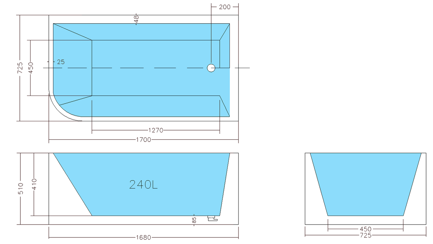 1700mm Right Corner Back to Wall Bathtub - No Overflow - Gloss White