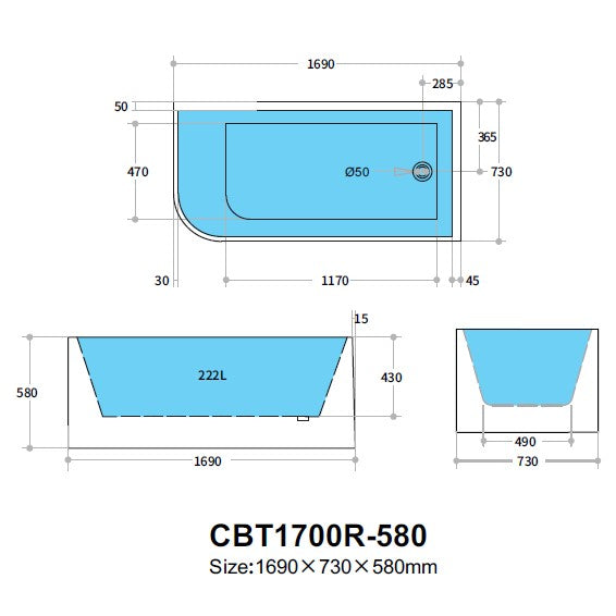 1700mm Right Corner Back to Wall Bathtub - No Overflow - Gloss White
