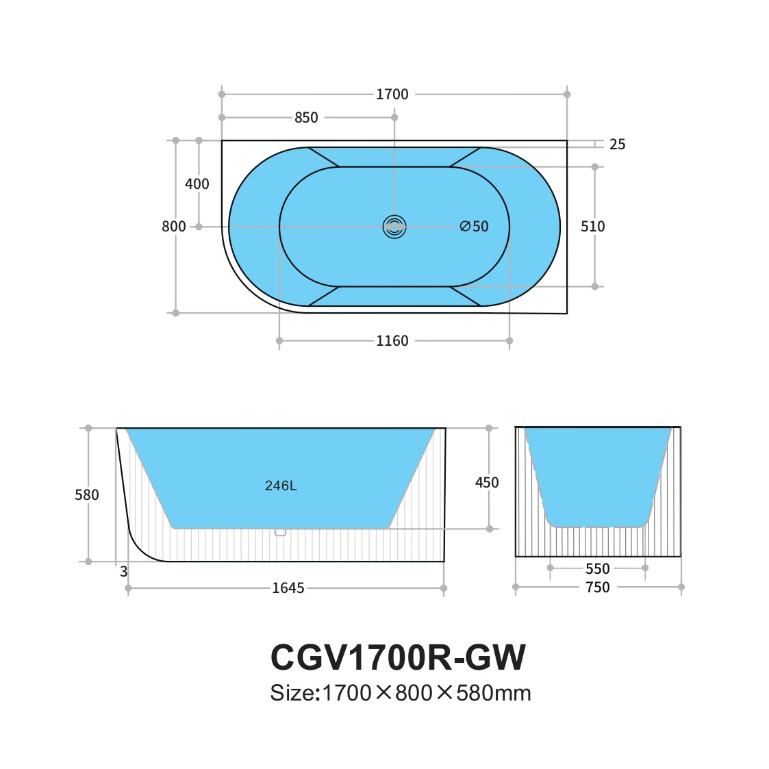 1700mm Capri Fluted Oval Freestanding Right Corner Bathtub - No Overflow - Matte White