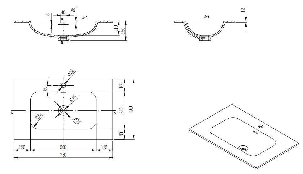 750mmx460mm Solid Surface Moulded Top - Matte White - No Tap Hole